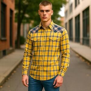 BC COLLECTION Men’s Yellow Plaid Long Sleeve Button Down Medium
